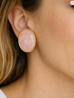 Vintage 1970s Rose Quartz Gold Clip On Earrings Oval Cabochon Statement Pair